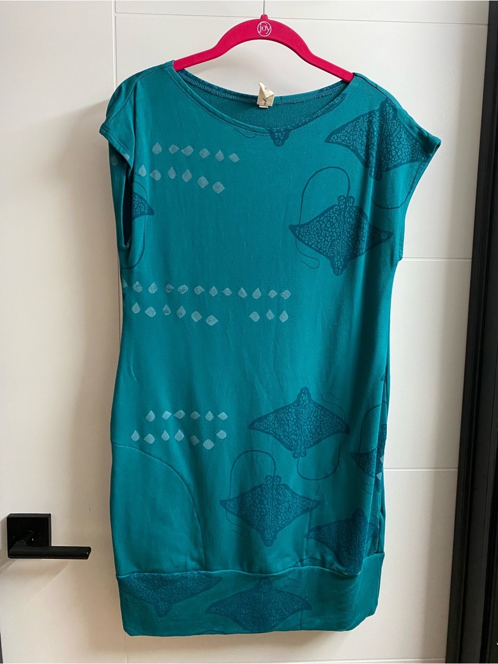 Teal Printed Cap-Sleeve Shift Dress